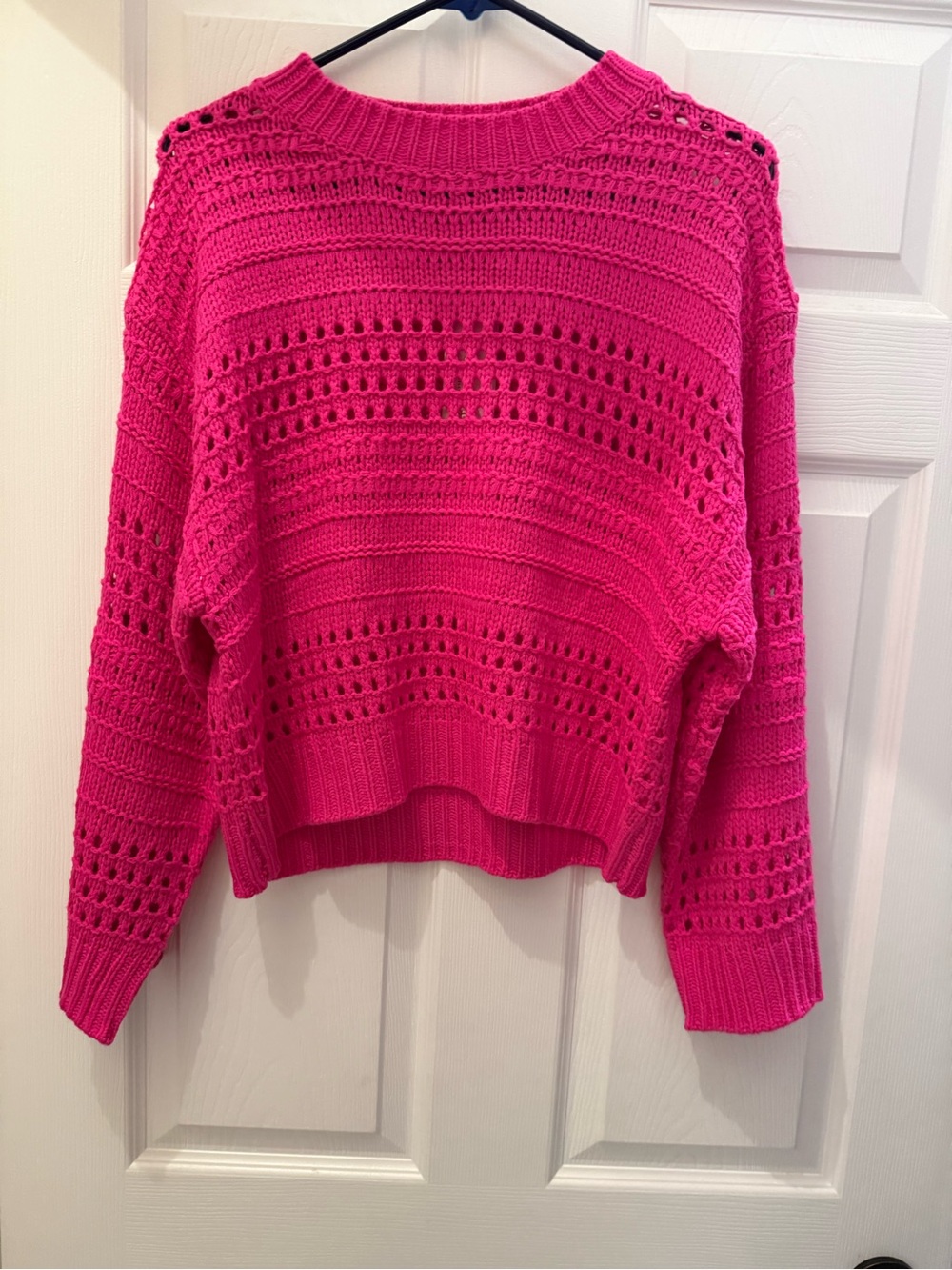 Open-Knit Crewneck Sweater in Hot Pink